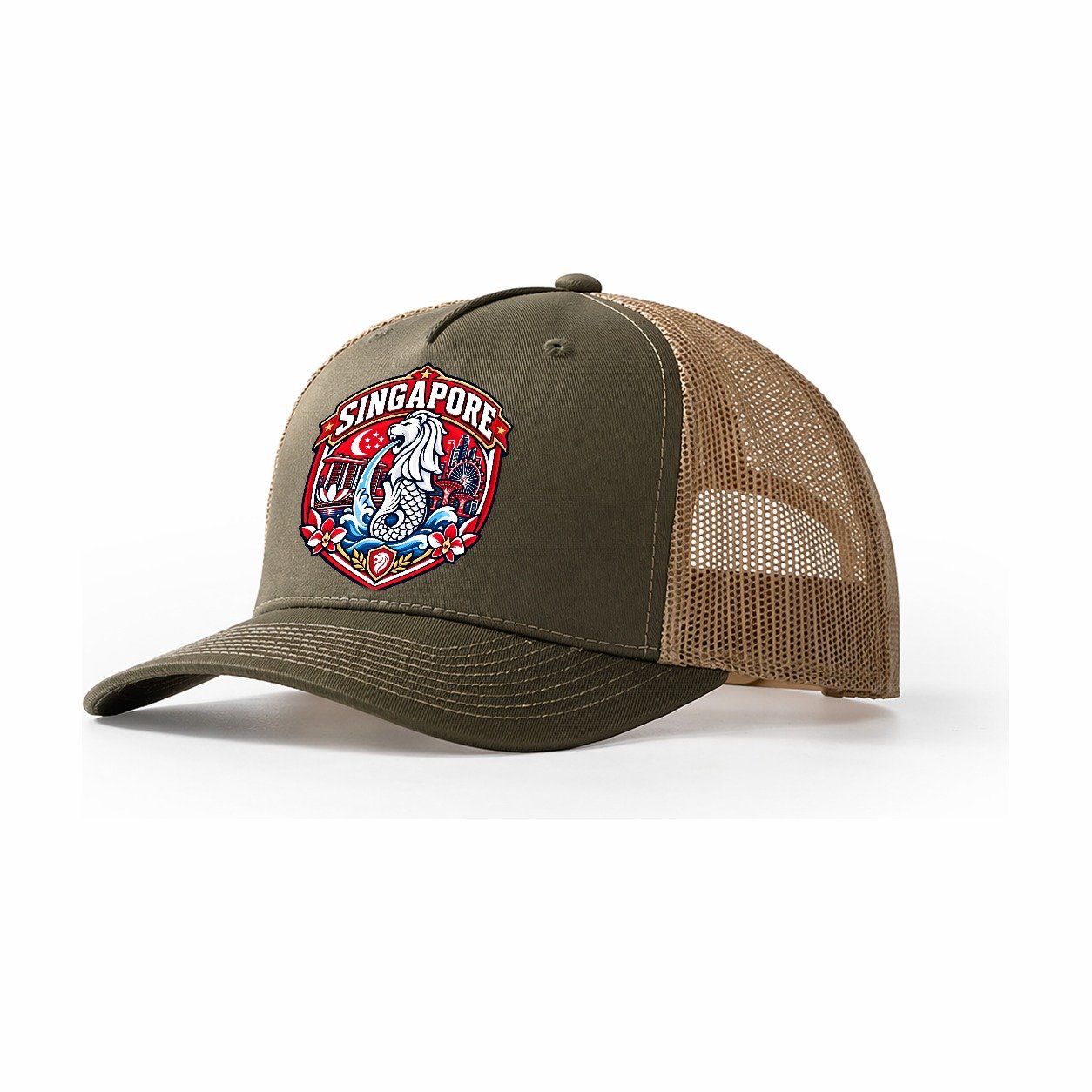 Singapore Retro Badge Country Logos Trucker Hat – Olive Khaki