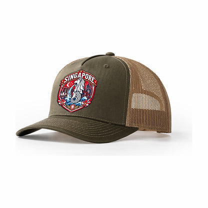 Singapore Retro Badge Country Logos Trucker Hat – Olive Khaki