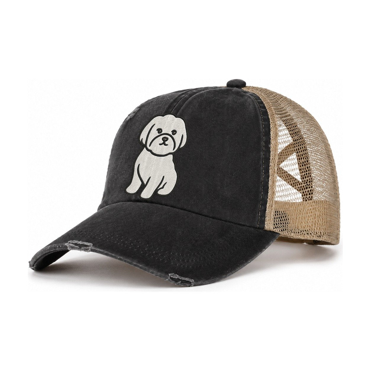 Maltese Pure White Fluffy Embroidered Design Women's Ponytail Trucker Hat – Washed Black Khaki