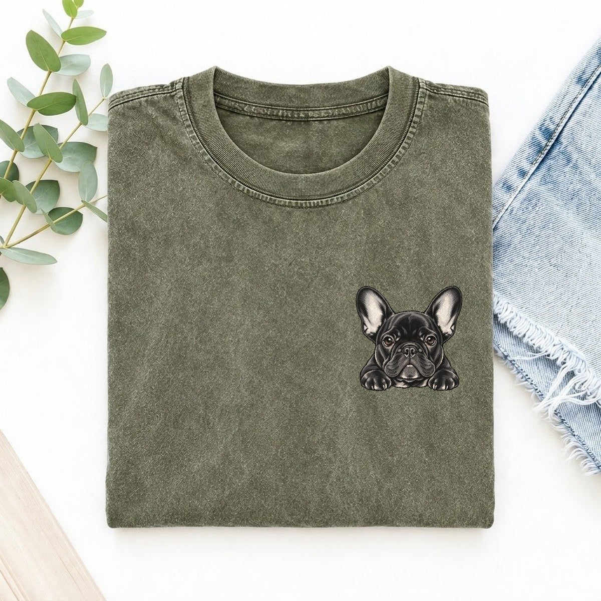 French Bulldog Left Chest Vintage T-shirt – Army Green
