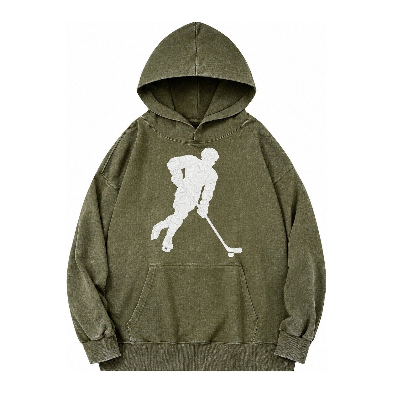 Ice Hockey Player Vintage Washed Hoodie – Army Green