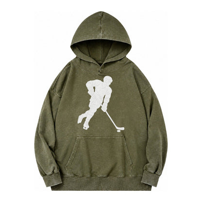 Ice Hockey Player Vintage Washed Hoodie – Army Green