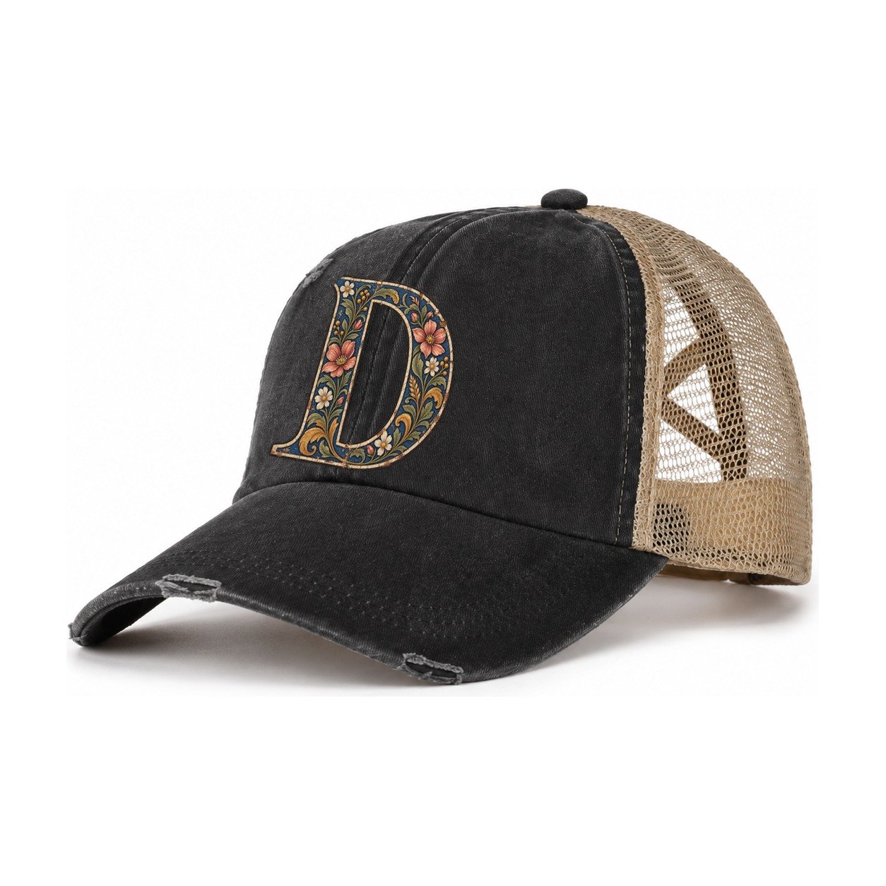 Wildflower D Monogram Women's Ponytail Trucker Hat – Washed Black Khaki
