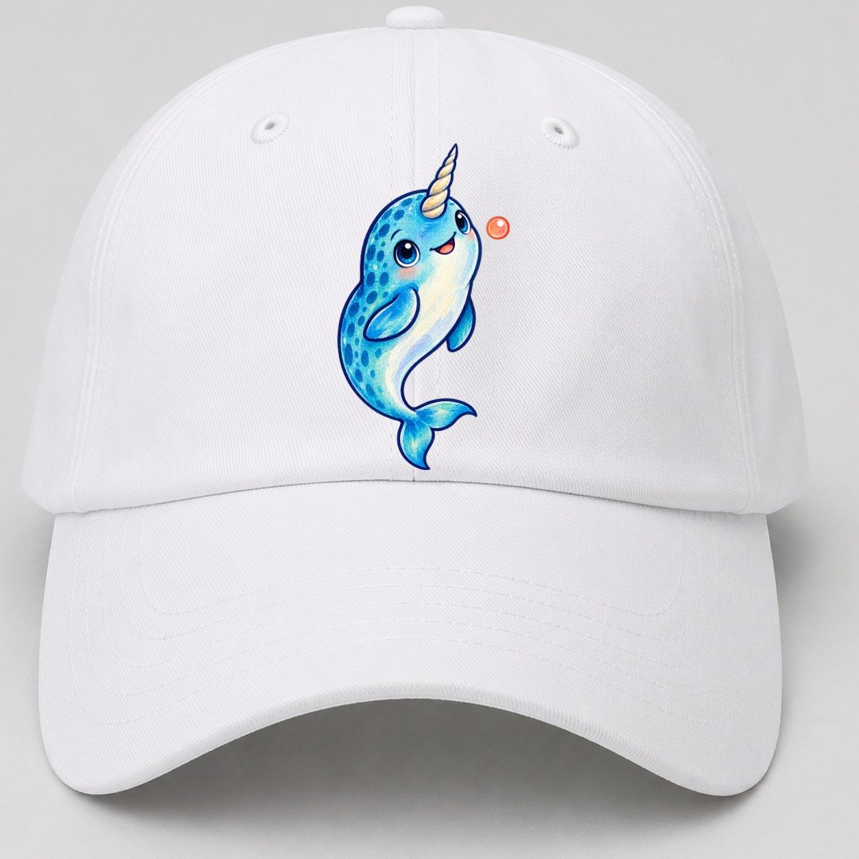 Narwhal Upward Swim Sea Sprite Baseball Cap – White