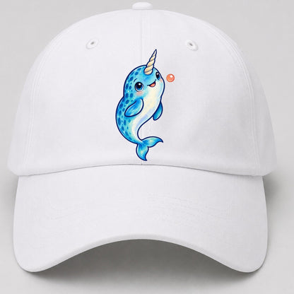 Narwhal Upward Swim Sea Sprite Baseball Cap – White