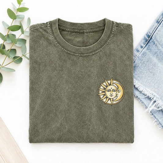 Celestial Sun And Moon Left Chest Vintage T-shirt – Army Green