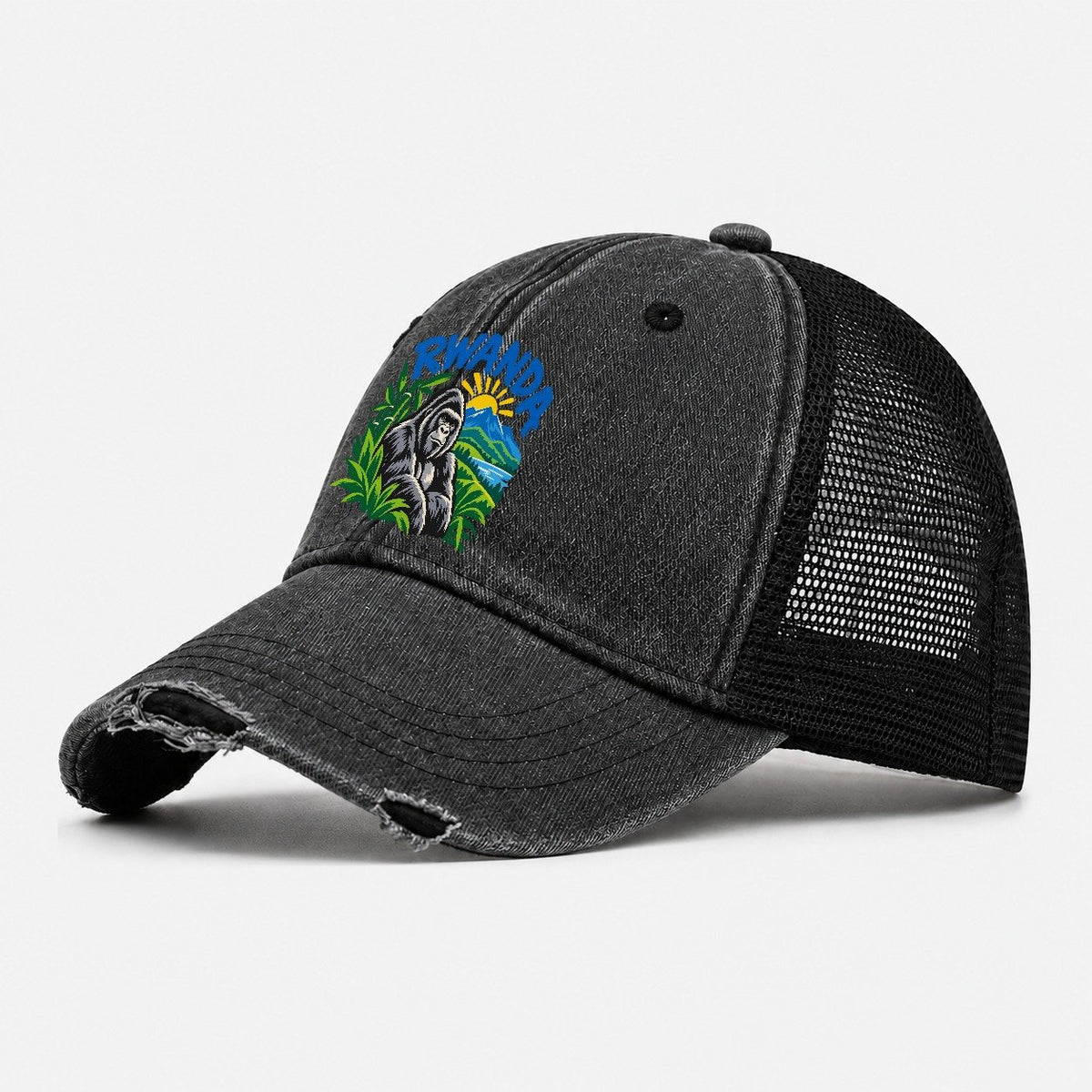 Rwanda Retro Badge Logo Washed Trucker Hat – Black