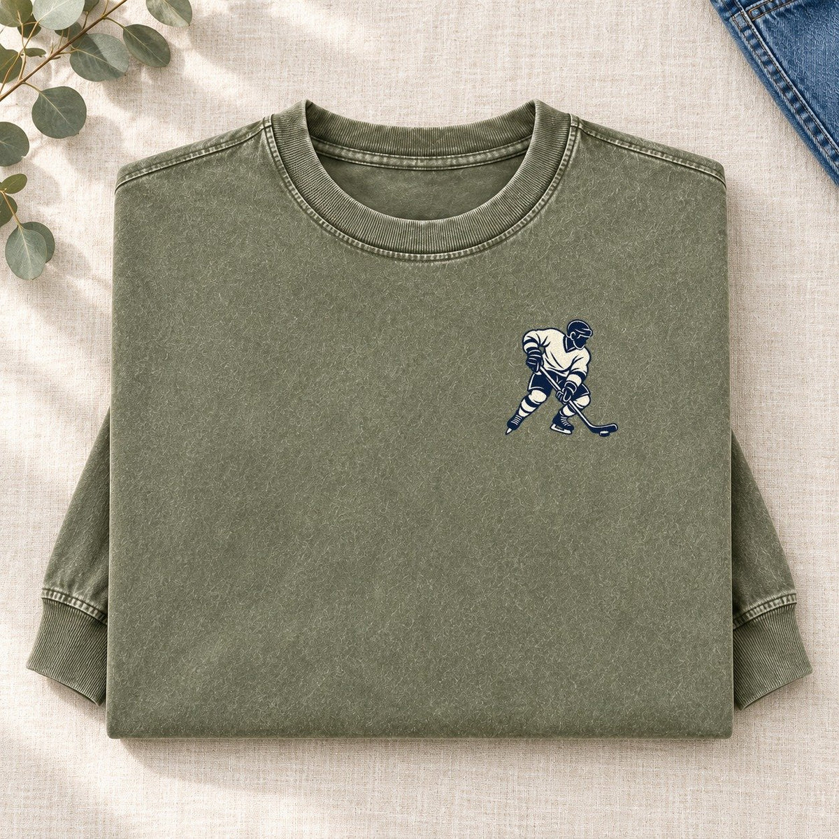 Ice Hockey Shot Left Chest Washed Long Sleeve T-Shirt – Army Green