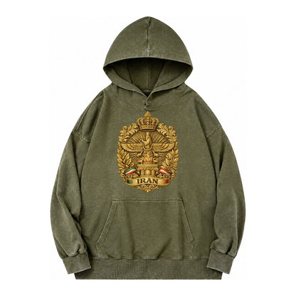 Iran Fire Temple Emblem Vintage Washed Hoodie – Army Green