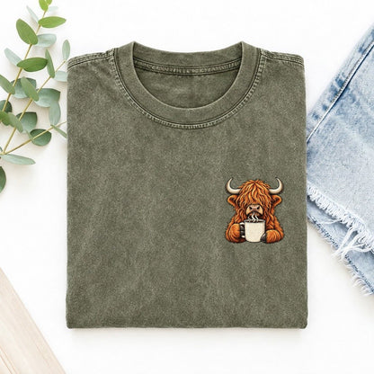 Highland Cow Coffee Left Chest Vintage T-shirt – Army Green