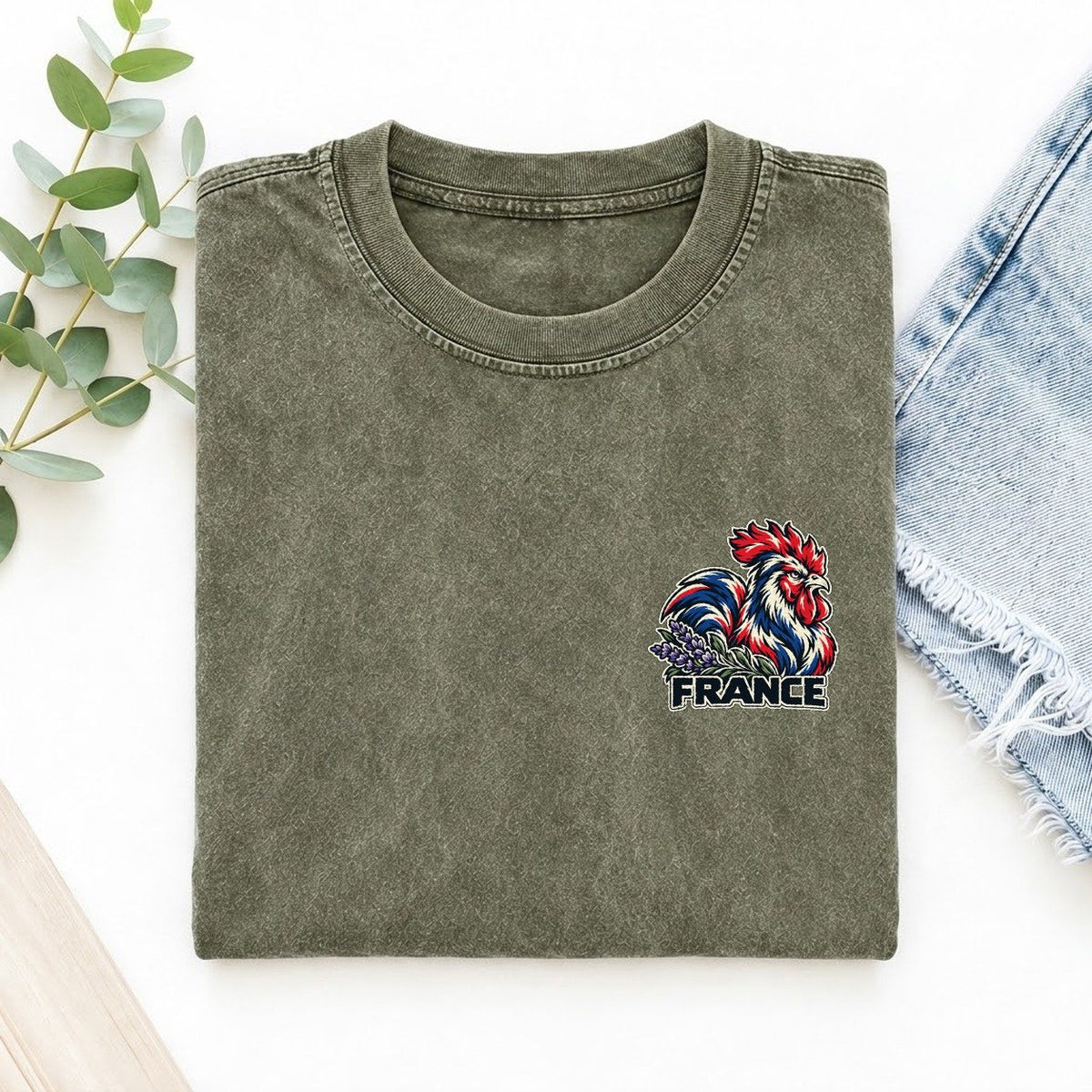 France Country Pride Left Chest Vintage T-shirt – Army Green