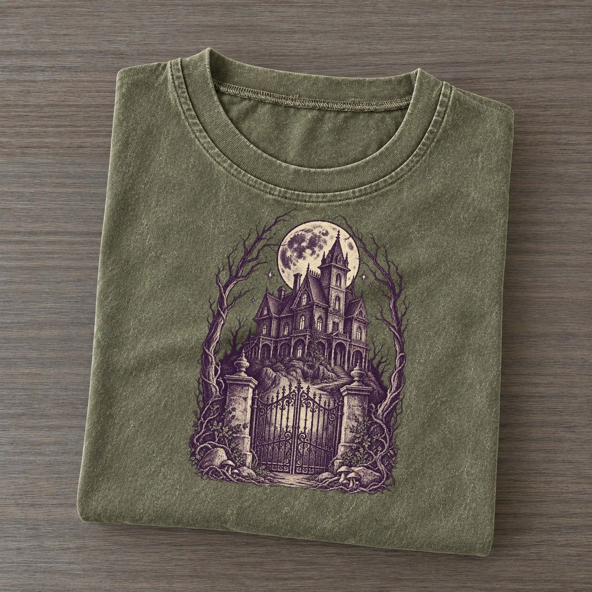 Haunted Mansion On The Hill Midnight Haunt Vintage T-shirt – Army Green