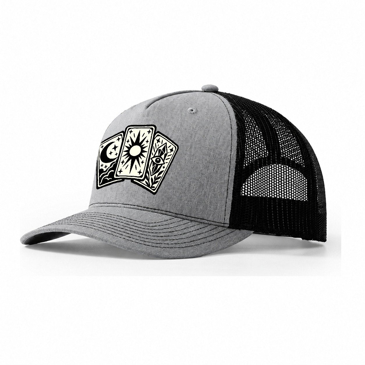 Three Fanned Tarot Cards Witch Magic Trucker Hat – Sport Grey Black