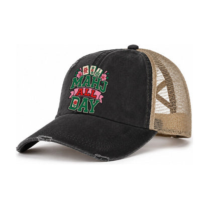 Mahj All Day Mahjong Game Night Women's Ponytail Trucker Hat – Washed Black Khaki