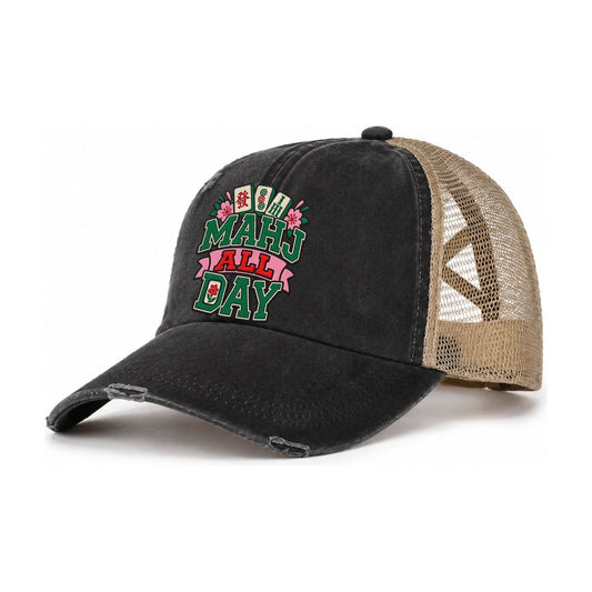 Mahj All Day Mahjong Game Night Women's Ponytail Trucker Hat – Washed Black Khaki