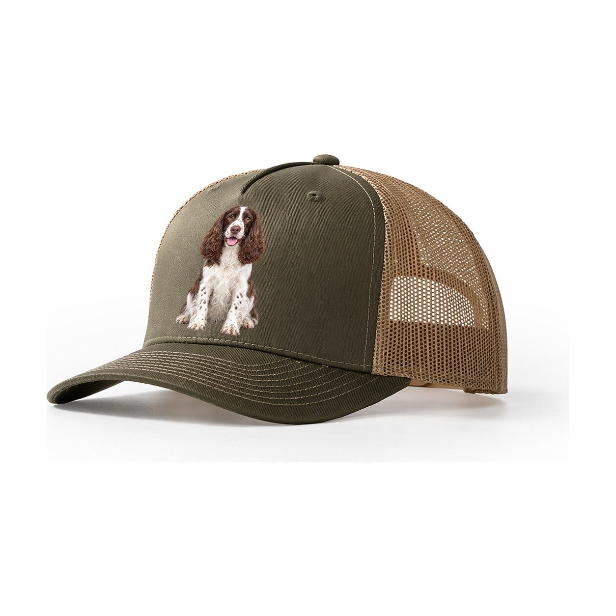 English Springer Spaniel Sitting Top Breeds Trucker Hat – Olive Khaki