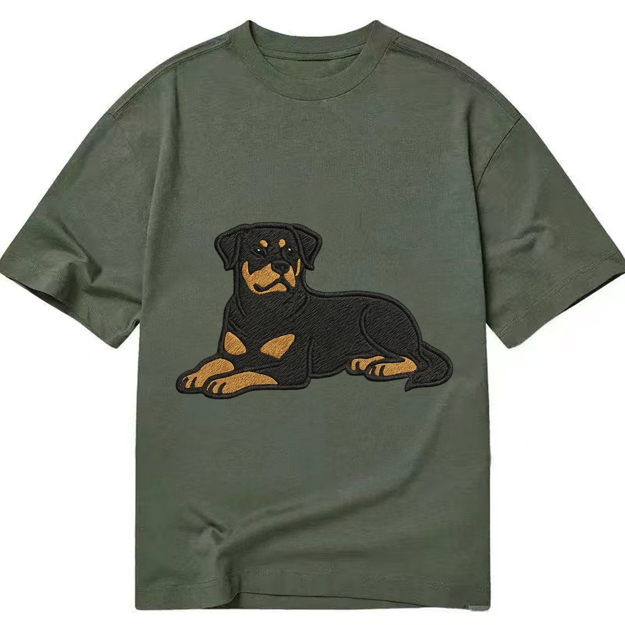 Rottweiler Black And Tan Relaxed Lying Down With Head Up Emb Classic T-shirt – Army Green
