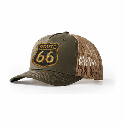 Route 66 Highway Shield With Worn Paint Trucker Hat – Olive-Khaki