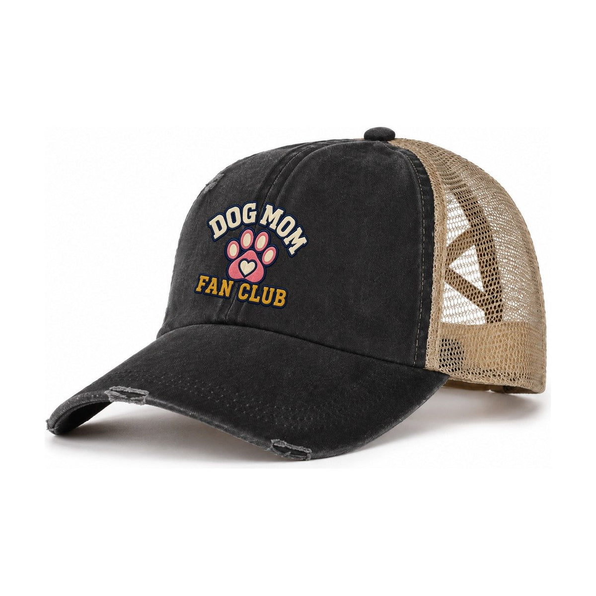 Dog Mom Fan Club Women's Ponytail Trucker Hat – Washed Black Khaki
