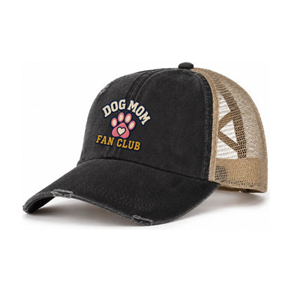 Dog Mom Fan Club Women's Ponytail Trucker Hat – Washed Black Khaki