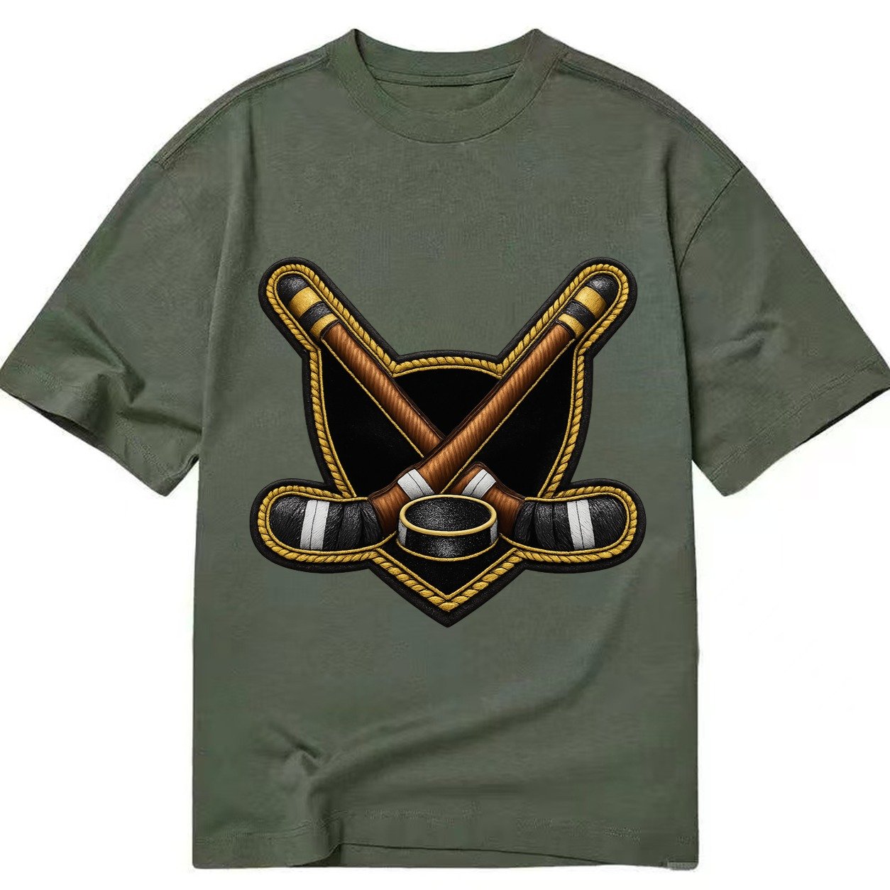 Embroidered Patch Design Hockey Crossed Sticks Ice Hockey St Classic T-shirt – Army Green