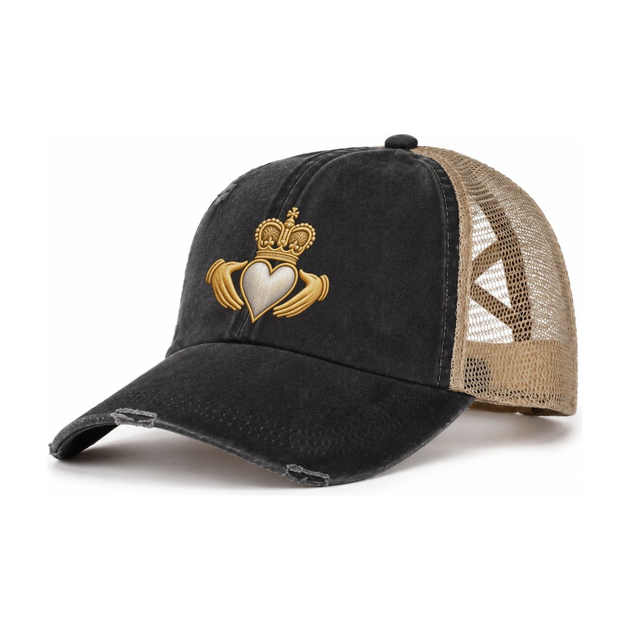 Claddagh Symbol Women's Ponytail Trucker Hat – Washed Black Khaki