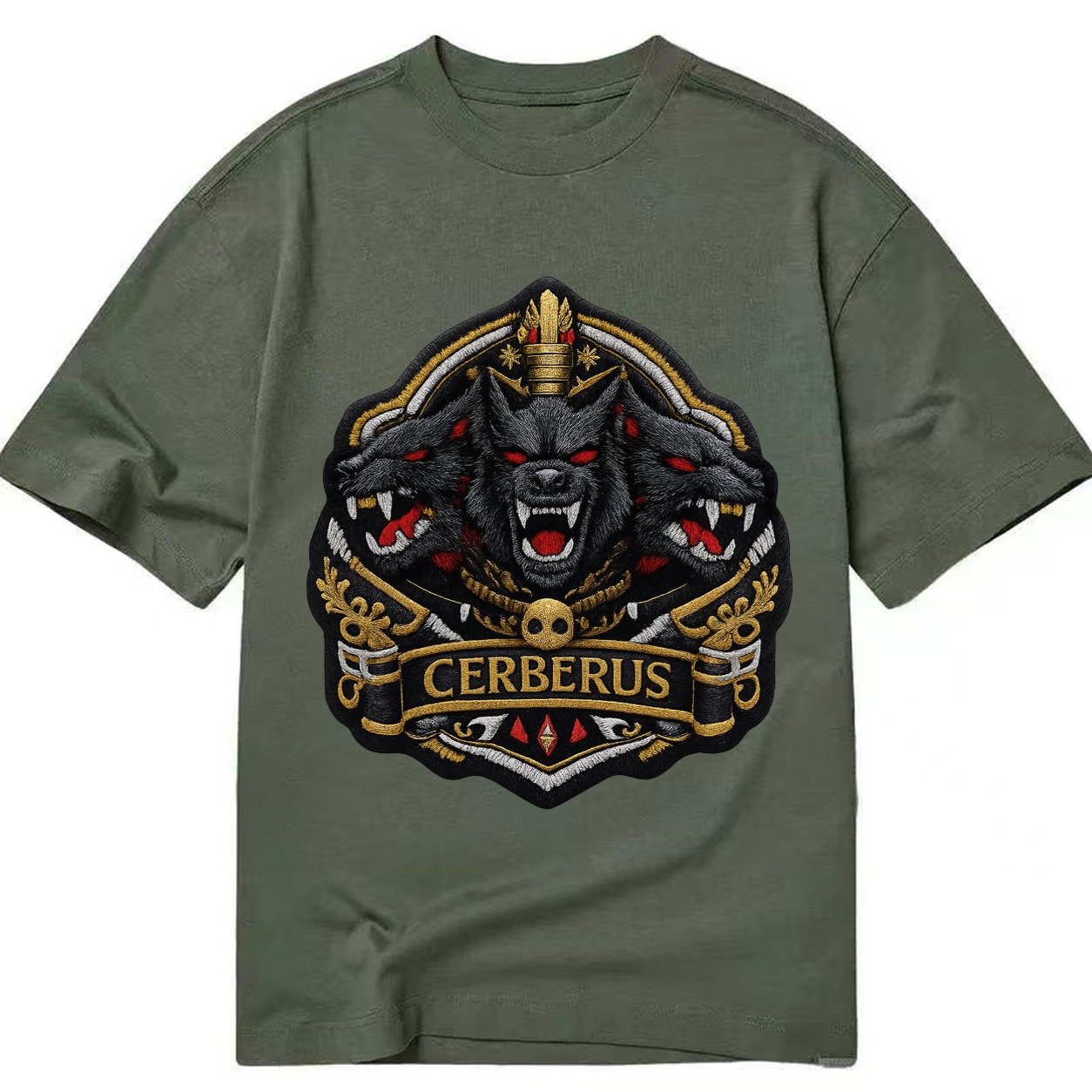 Embroidered Patch Design Cerberus Three Heads Triple Hound I Classic T-shirt – Army Green
