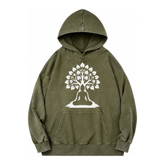 Buddha Silhouette Meditating Negative Space Forms Bodhi Tree Vintage Washed Hoodie – Army Green