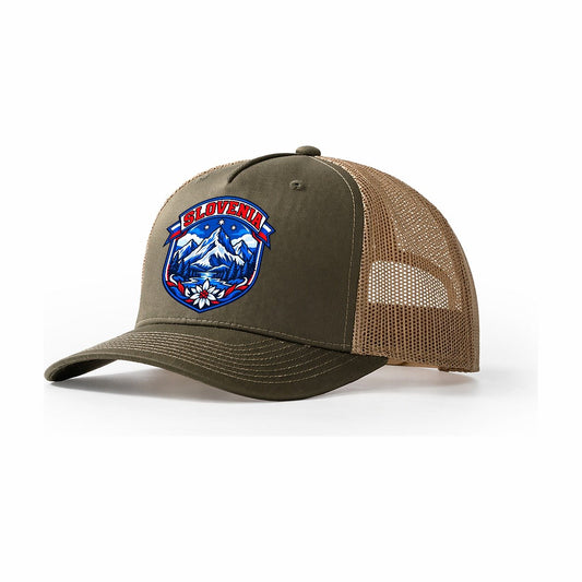 Slovenia Retro Badge Country Logos Trucker Hat – Olive Khaki