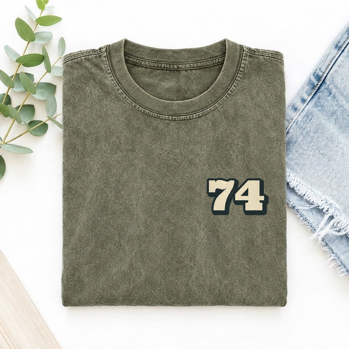 Number 74 Left Chest Vintage T-shirt – Army Green