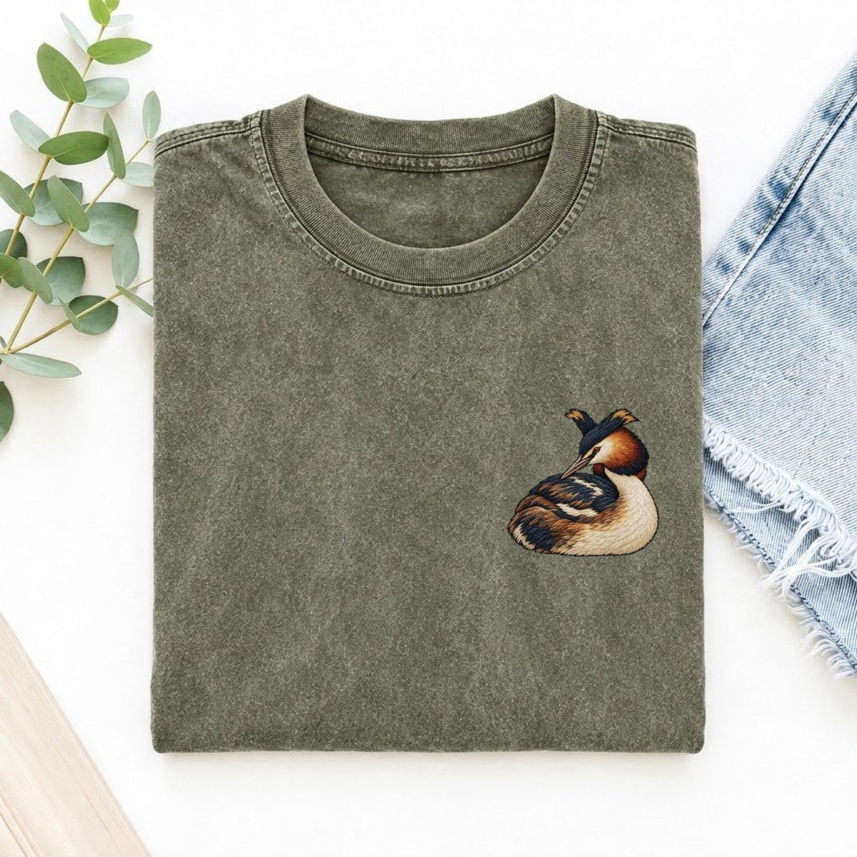 Grebe Collar Turn Left Chest Thread Signatures II Left Chest Vintage T-shirt – Army Green