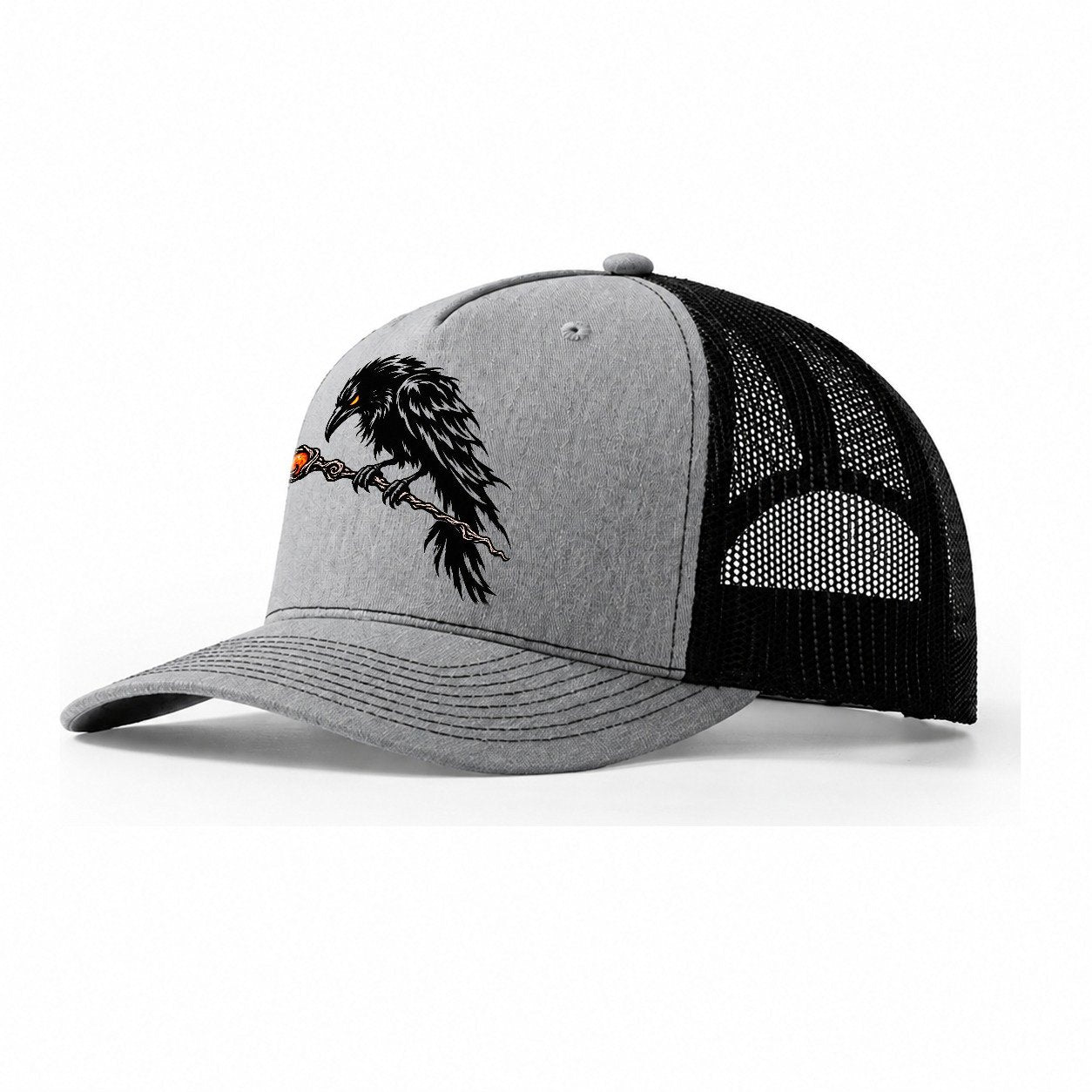 Raven Perched On A Wand Witch Magic Trucker Hat – Sport Grey Black