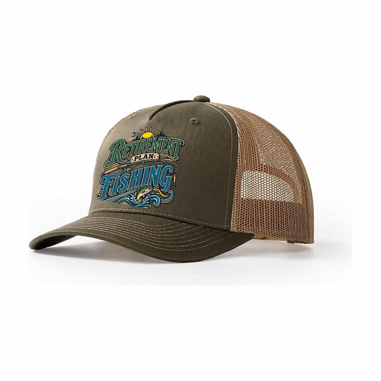 Retirement Plan Fishing Retired Living Trucker Hat – Olive Khaki