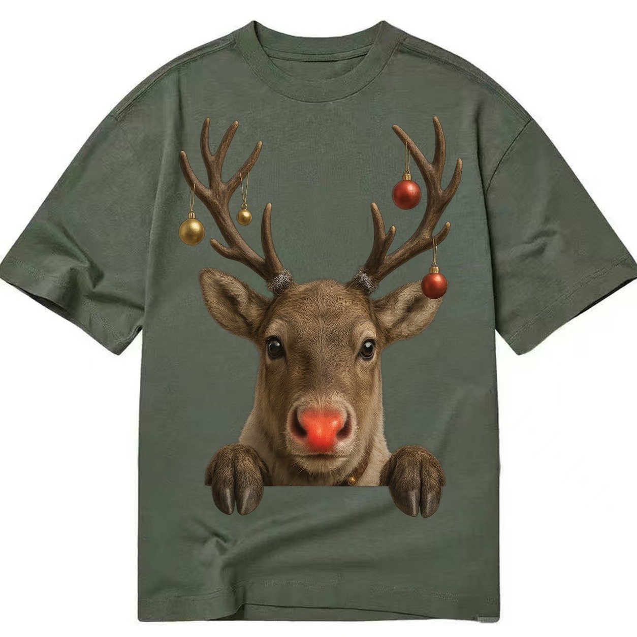 Christmas Reindeer Red Nose Glowing Antlers With Ornaments J Classic T-shirt – Army Green