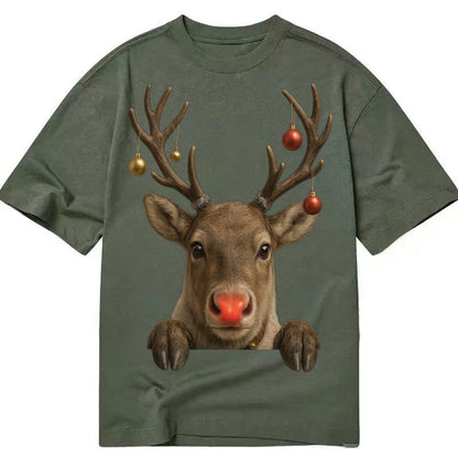 Christmas Reindeer Red Nose Glowing Antlers With Ornaments J Classic T-shirt – Army Green