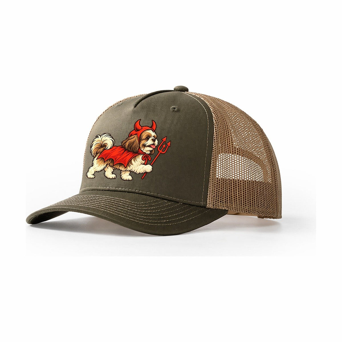One Shih Tzu In Halloween Costume Little Devil With Horns And A Pitchfork Prop Halloween Dog Parade Trucker Hat – Olive Khaki