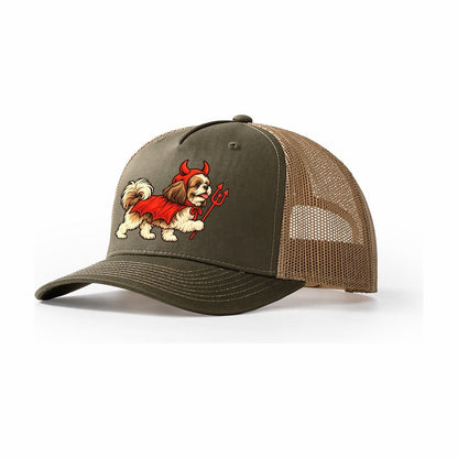 One Shih Tzu In Halloween Costume Little Devil With Horns And A Pitchfork Prop Halloween Dog Parade Trucker Hat – Olive Khaki