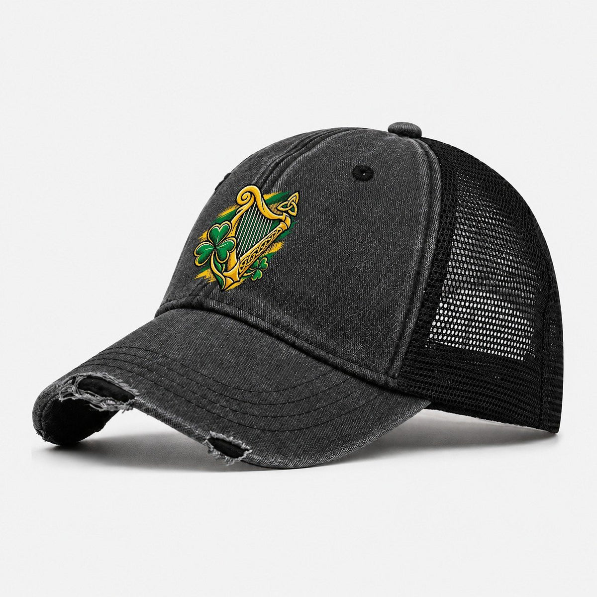 Ireland Pop Art Emblem Washed Trucker Hat – Black