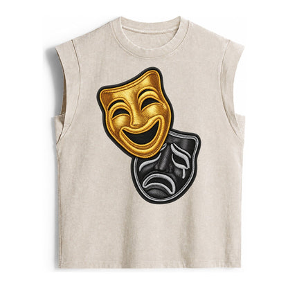 Broadway Masks Comedy Tragedy Masks In Gold And Black Theate Vintage Washed Tank – Beige