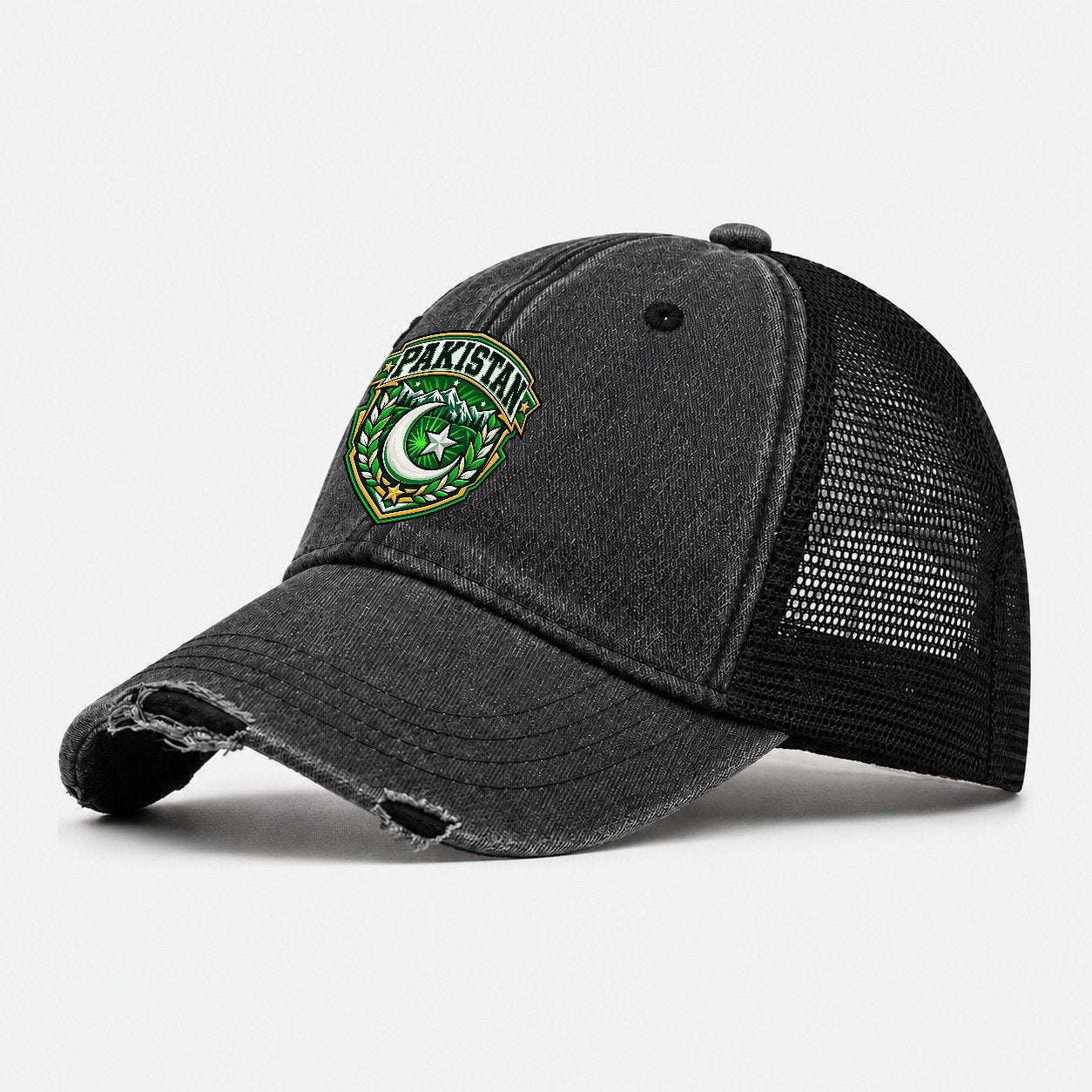 Pakistan Retro Badge Country Logos Washed Trucker Hat – Black