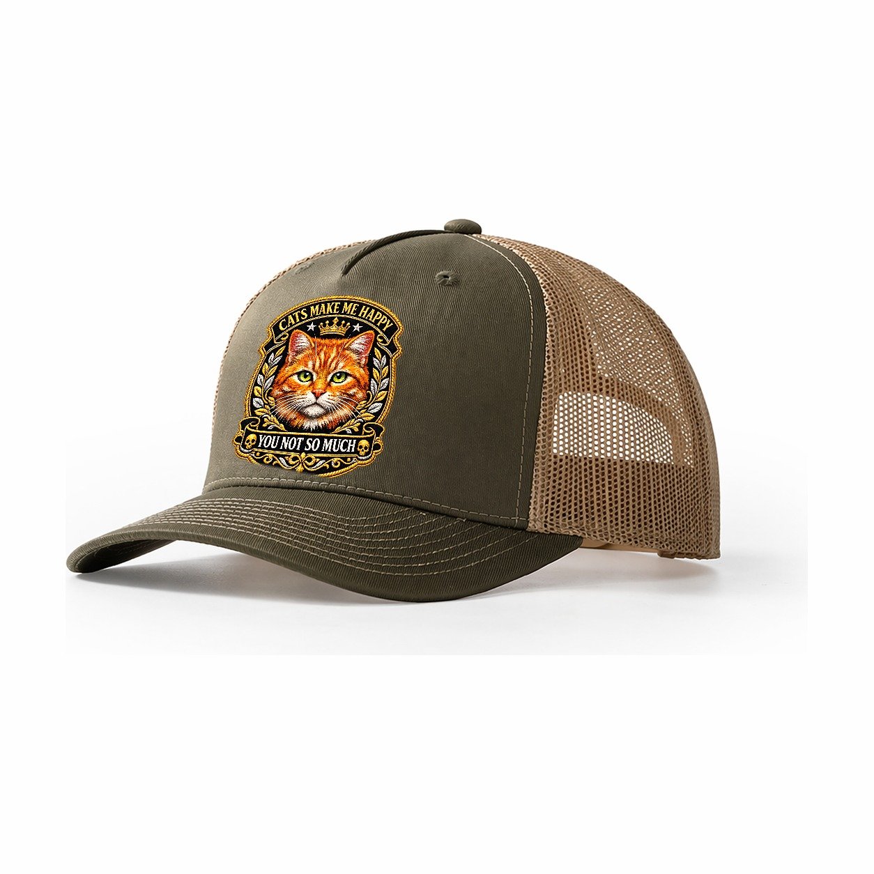 Cats Make Me Happy You Not So Much Cat Face In Orange Cat Pr Trucker Hat – Olive-Khaki