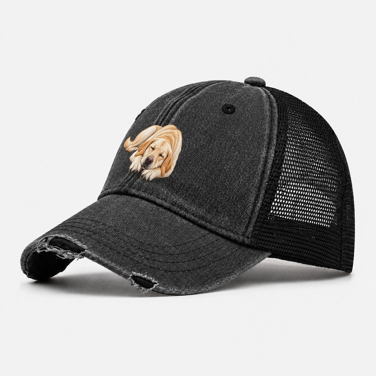 Abstract Labrador Play Bow Washed Trucker Hat – Black