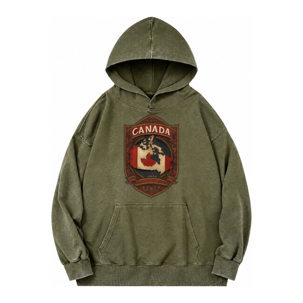 Canada Map Vintage Washed Hoodie – Army Green