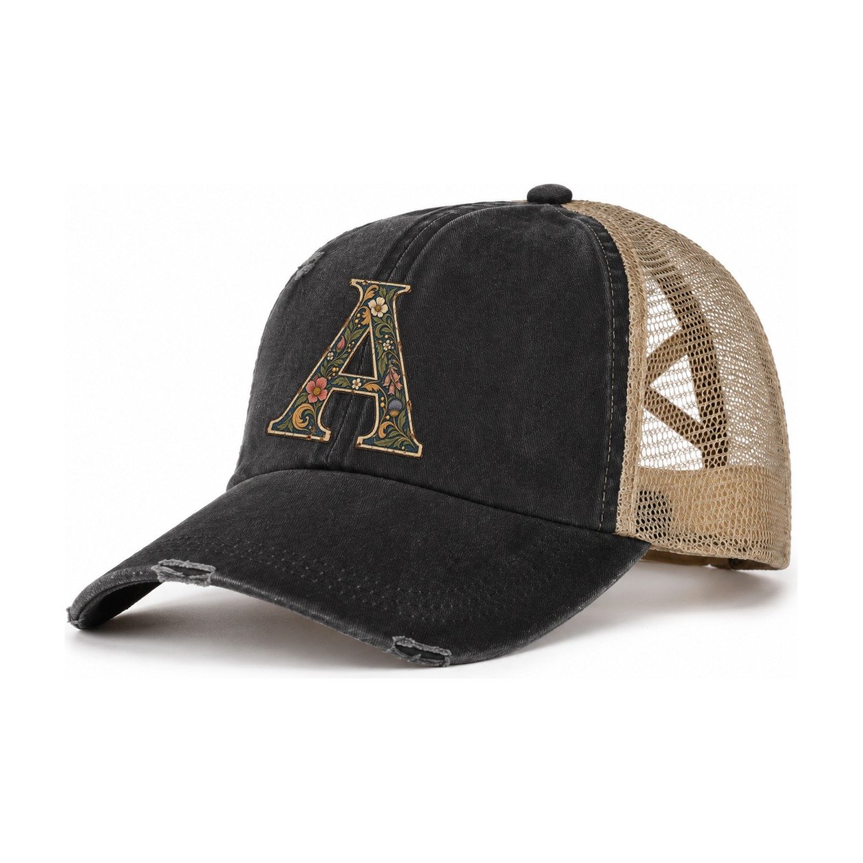 Wildflower A Monogram Women's Ponytail Trucker Hat – Washed Black Khaki