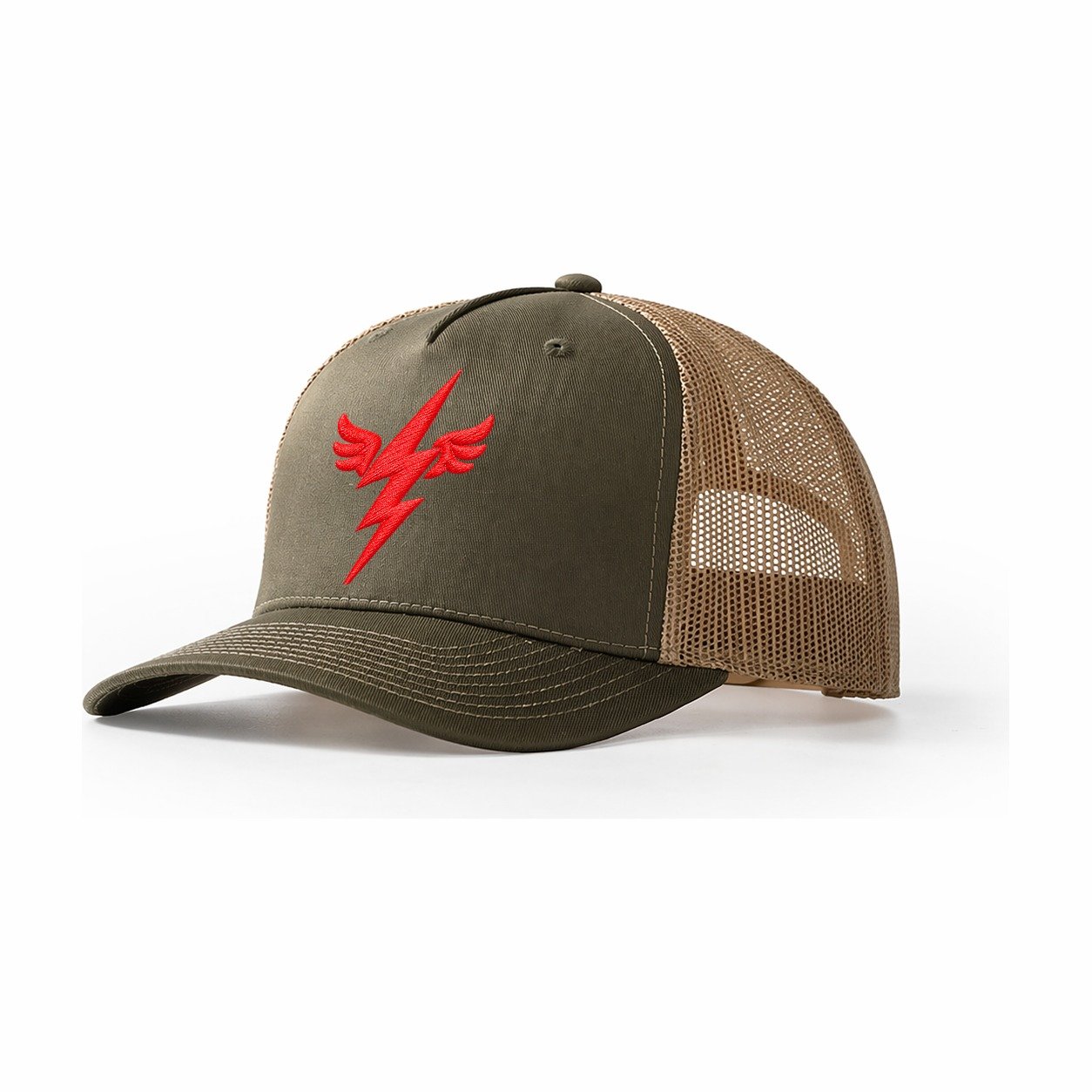 Winged Lightning Bolt Micro Motion Mark Trucker Hat – Olive-Khaki