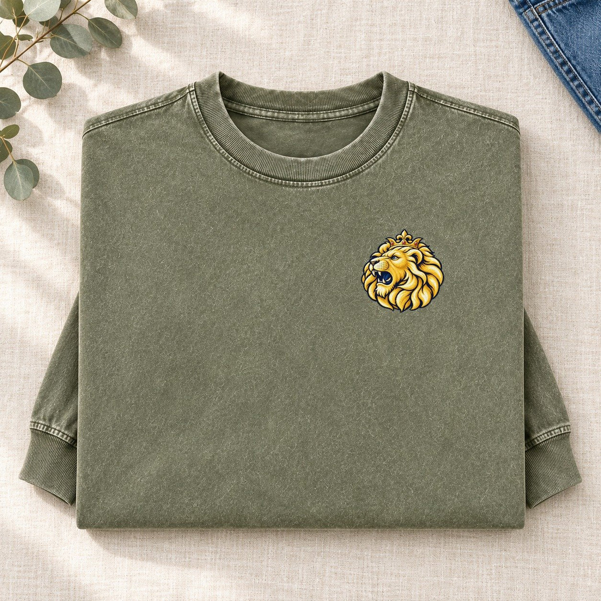 Lion Of Judah Left Chest Washed Long Sleeve T-Shirt – Army Green