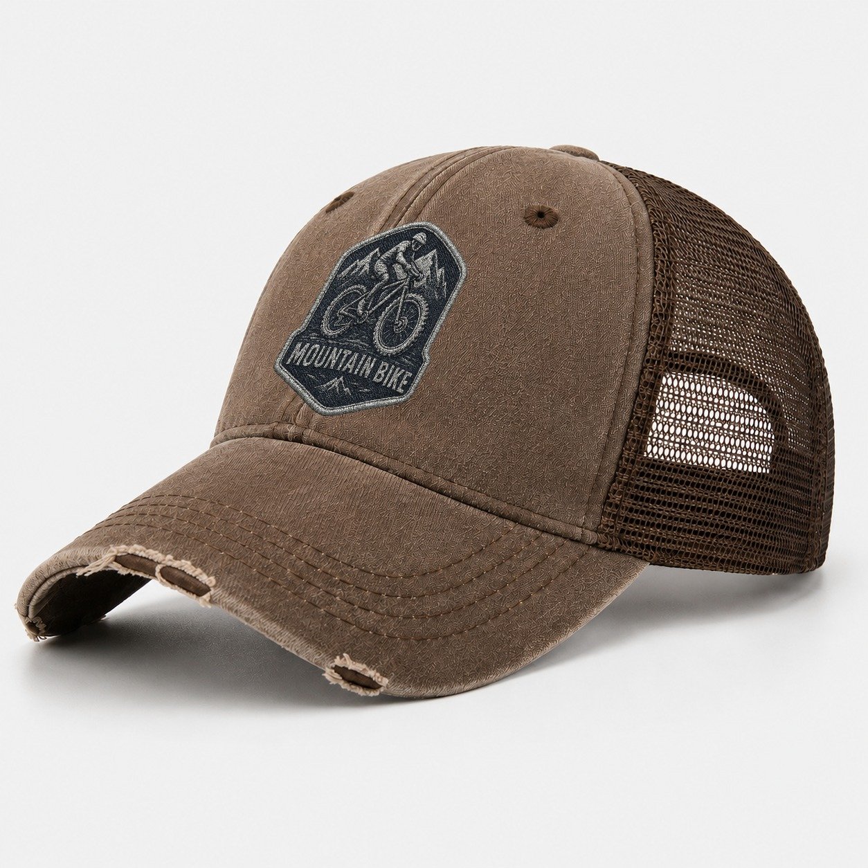 Mountain Bike With Rugged Tires Washed Trucker Hat – Coffee