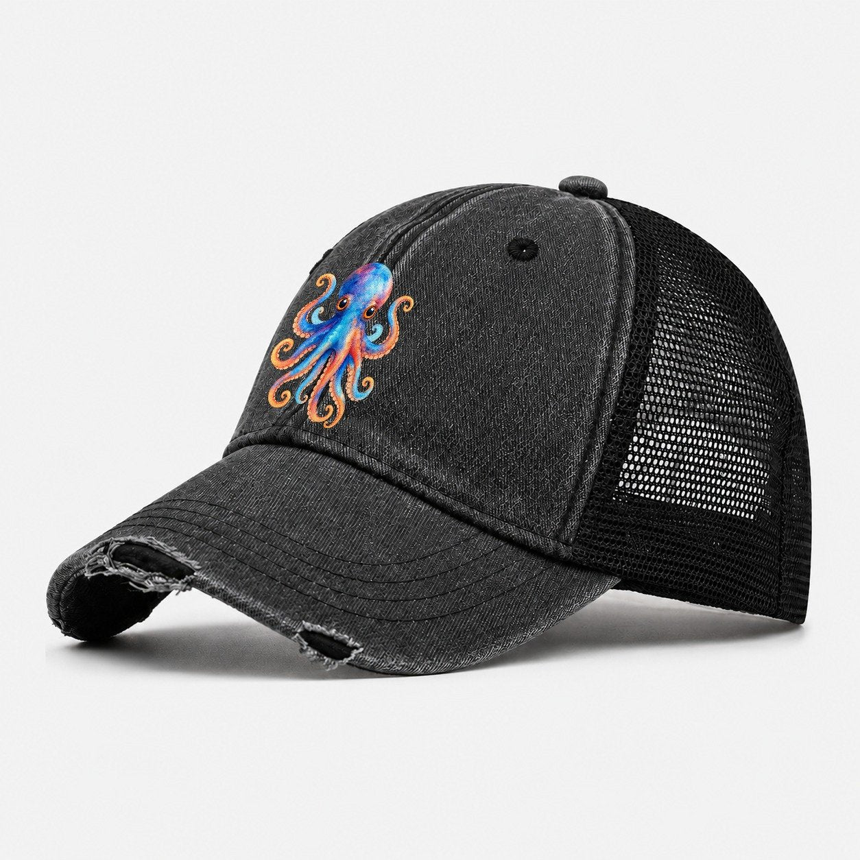 Octopus Cute Washed Trucker Hat – Black