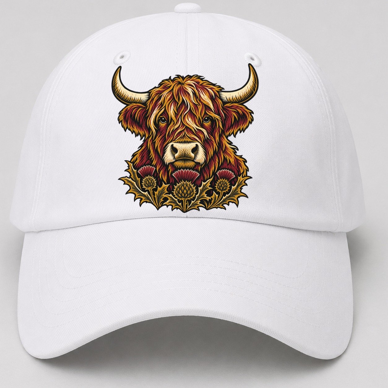 Highland Cow With Thistle Meadow Uk Culture Heritage Baseball Cap – White