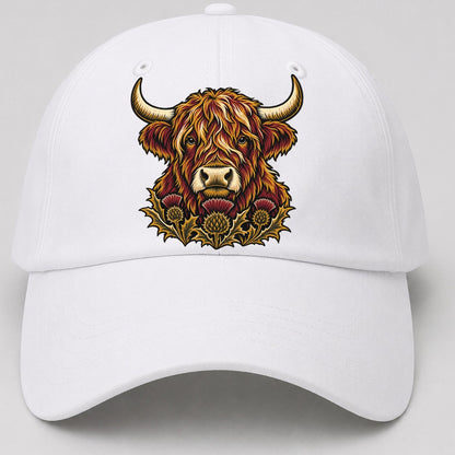 Highland Cow With Thistle Meadow Uk Culture Heritage Baseball Cap – White